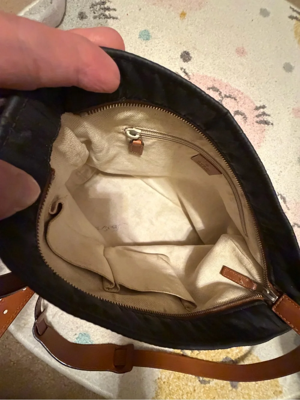 Gucci Black Monogram Messenger Bag with Brown Leather Strap